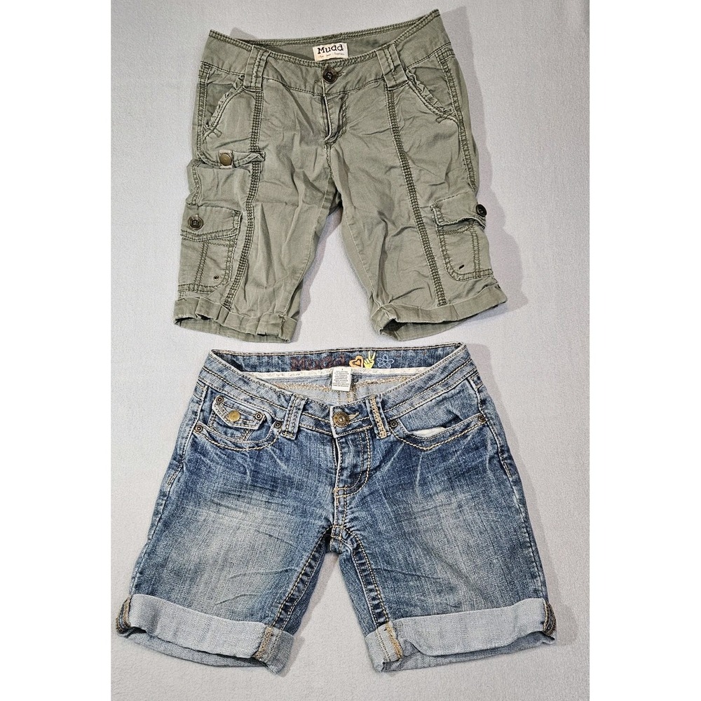 Lot Of 2 Mudd Low Rise Denim/ Green Cotton Cargo Shorts Both Size 1